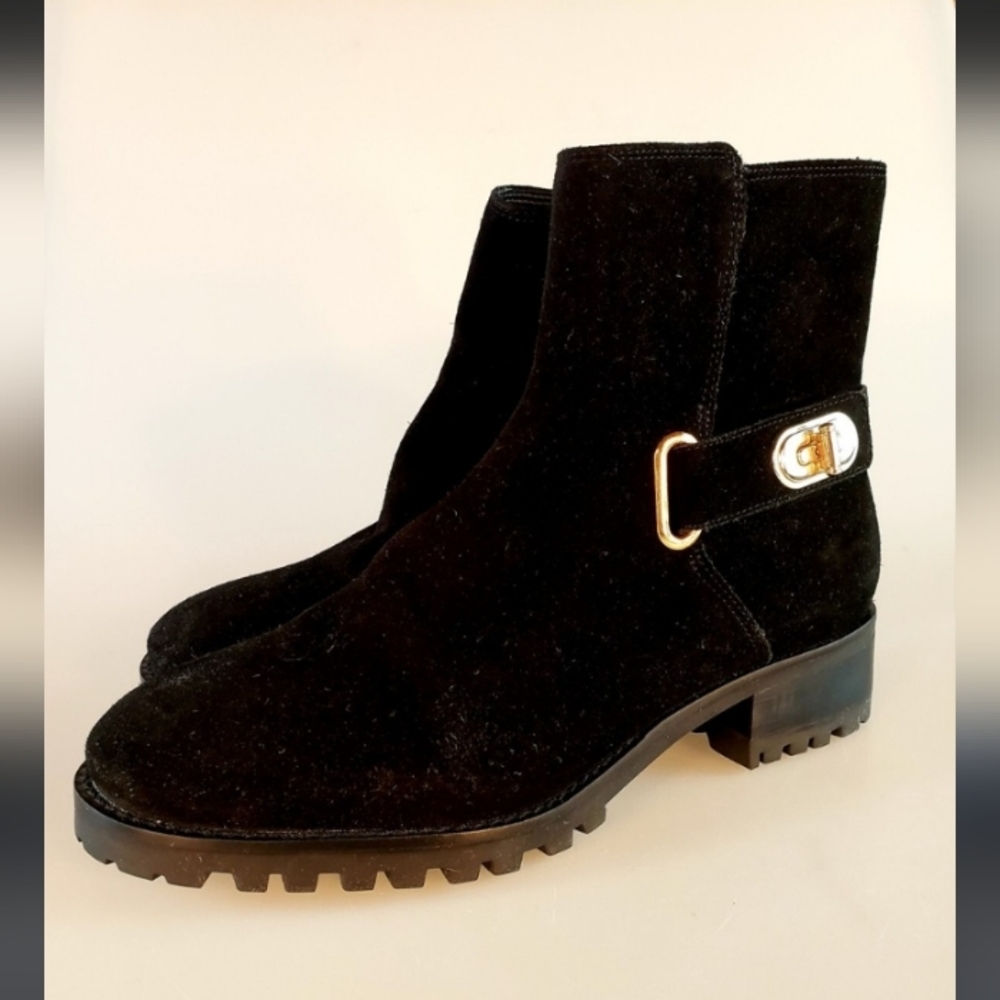 Talbots Black Suede Leather Ankle Booties with Gold Buckle.Very Good Condition